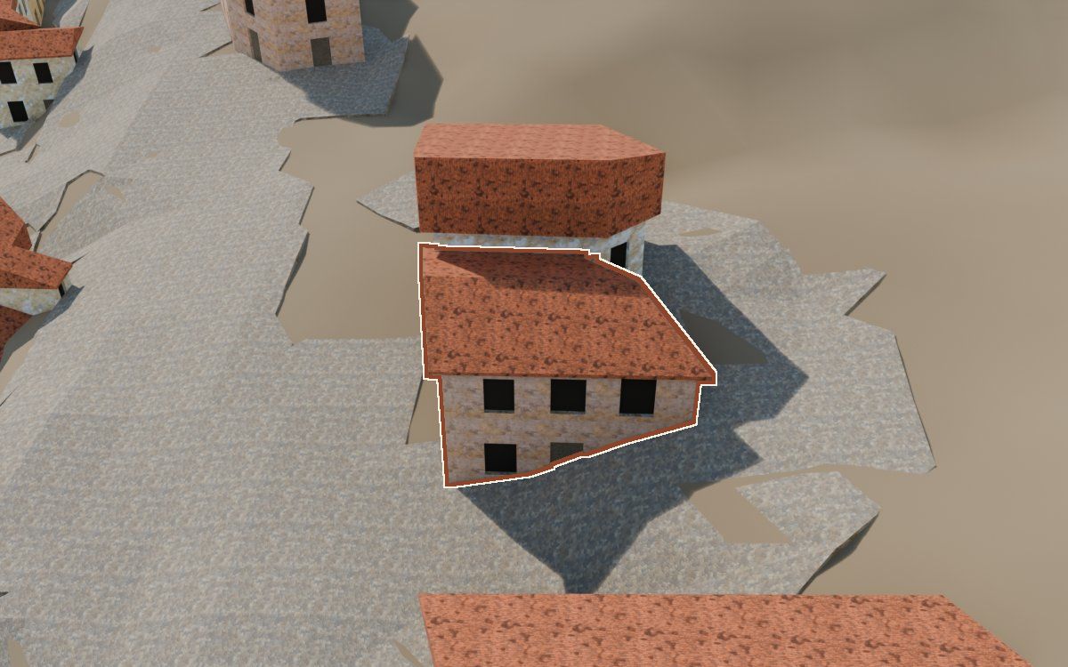 Casa del Carrer Conejos (Calle Conejos) en la reconstrucción 3D, vista desde su calle, con su contorno marcado en teja entre las casas de alrededor