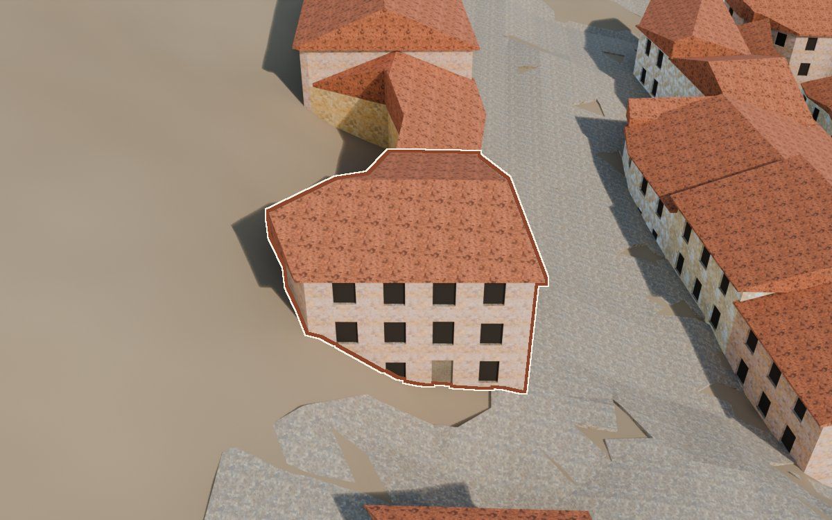 Casa cerca del Carrer Conejos (Calle Conejos) en la reconstrucción 3D, vista desde su calle, con su contorno marcado en teja entre las casas de alrededor