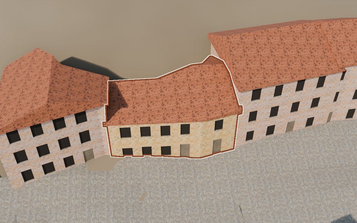 Casa cerca del Carrer de Santa Agatòquia (Calle Santa Agatoclia) en la reconstrucción 3D, vista desde su calle, con su contorno marcado en teja entre las casas de alrededor