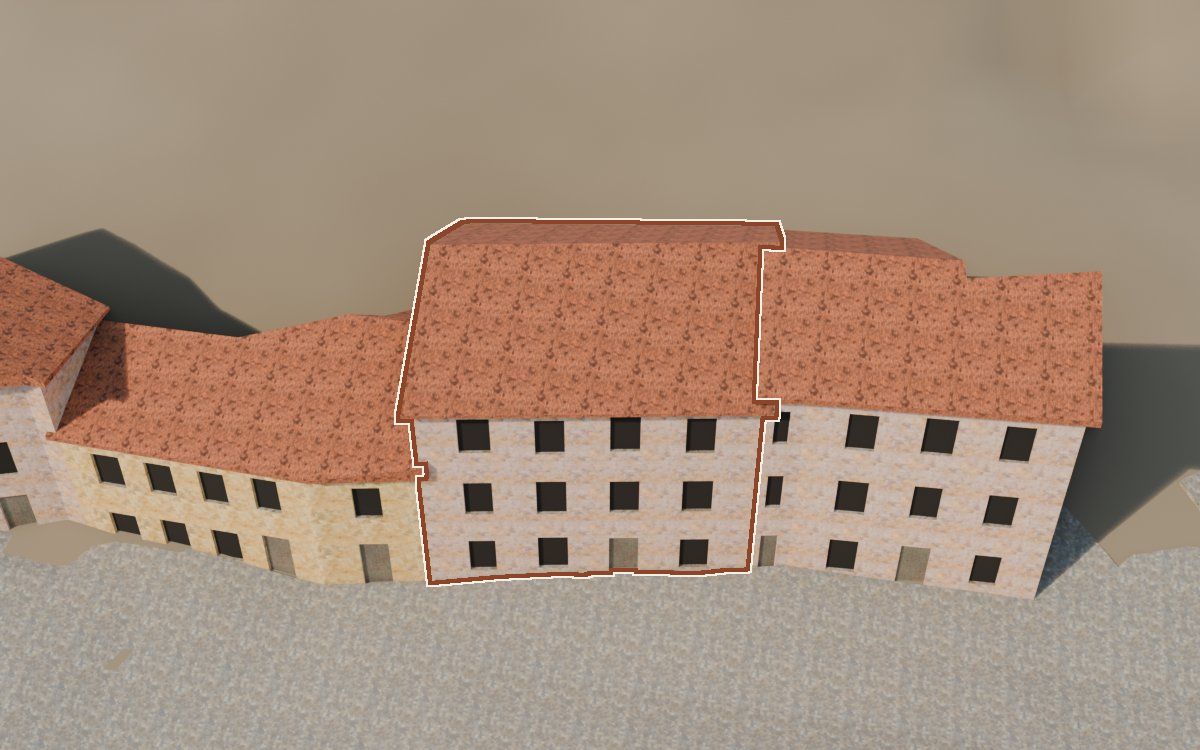 Casa cerca del Carrer de Santa Agatòquia (Calle Santa Agatoclia) en la reconstrucción 3D, vista desde su calle, con su contorno marcado en teja entre las casas de alrededor