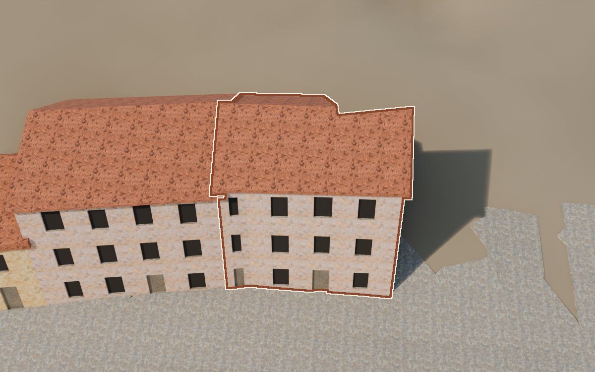 Casa cerca del Carrer la Morera (Calle de la Morera) en la reconstrucción 3D, vista desde su calle, con su contorno marcado en teja entre las casas de alrededor