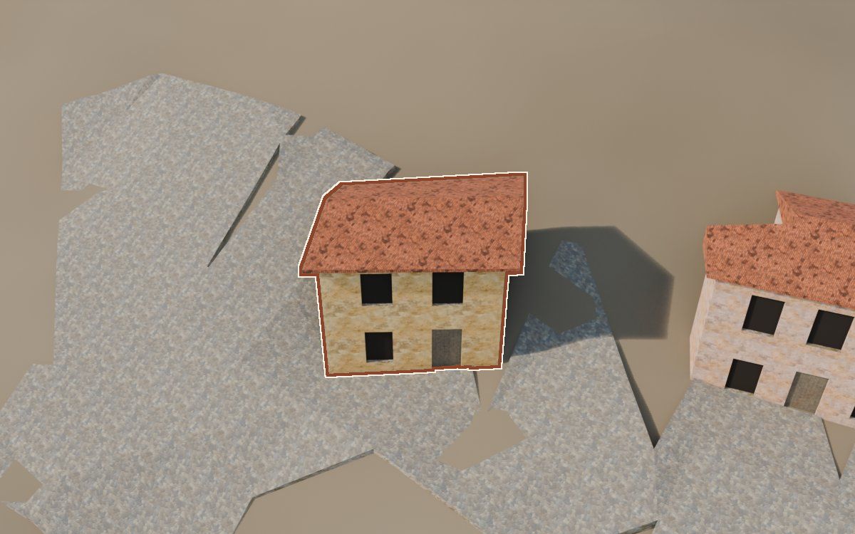 Casa del Carrer de Santa Agatòquia (Calle Santa Agatoclia) en la reconstrucción 3D, vista desde su calle, con su contorno marcado en teja entre las casas de alrededor