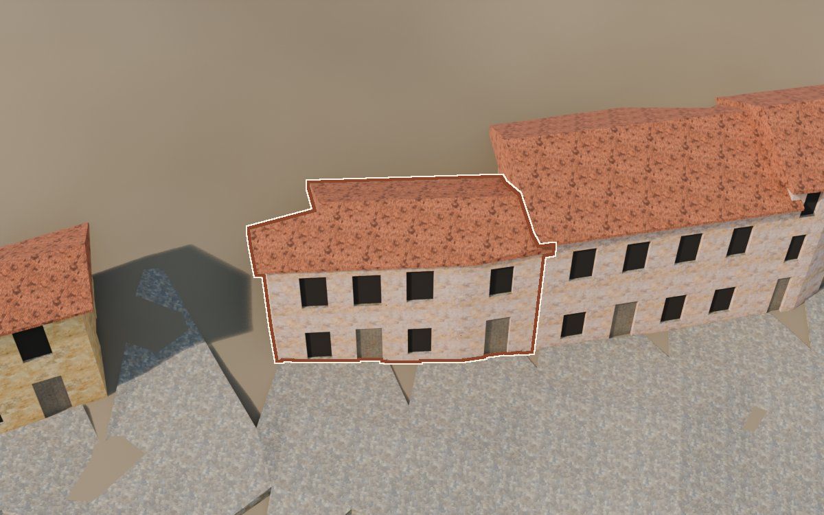 Casa del Carrer de Santa Agatòquia (Calle Santa Agatoclia) en la reconstrucción 3D, vista desde su calle, con su contorno marcado en teja entre las casas de alrededor
