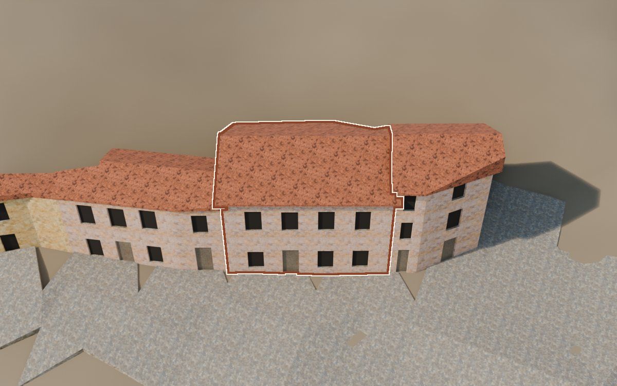 Casa del Carrer de Santa Agatòquia (Calle Santa Agatoclia) en la reconstrucción 3D, vista desde su calle, con su contorno marcado en teja entre las casas de alrededor