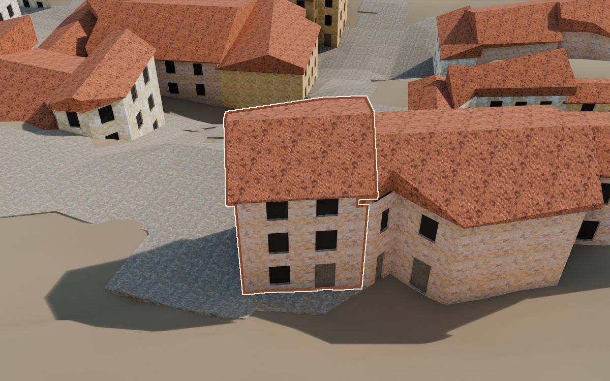 Casa del Carrer del Barranc (Calle del Barranco) en la reconstrucción 3D, vista desde el lado en que mejor se ve, con su contorno marcado en teja entre las casas de alrededor