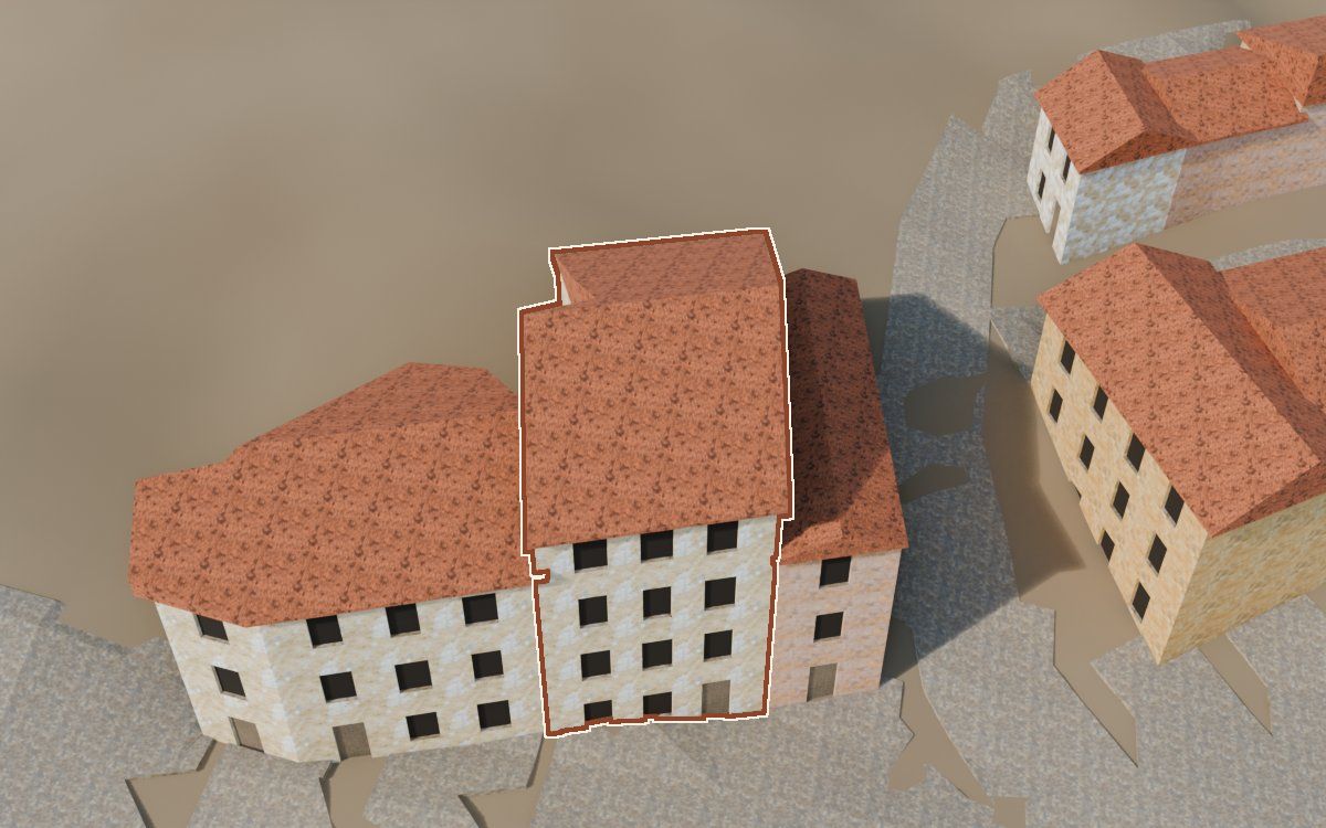 Casa del Carrer de Santa Agatòquia (Calle Santa Agatoclia) en la reconstrucción 3D, vista desde el lado en que mejor se ve, con su contorno marcado en teja entre las casas de alrededor