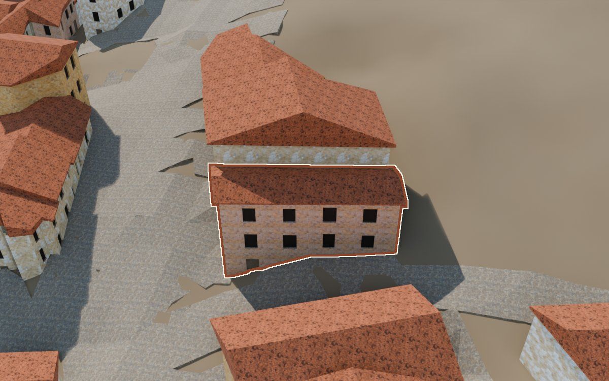 Casa del Carrer de Santa Agatòquia (Calle Santa Agatoclia) en la reconstrucción 3D, vista desde su calle, con su contorno marcado en teja entre las casas de alrededor