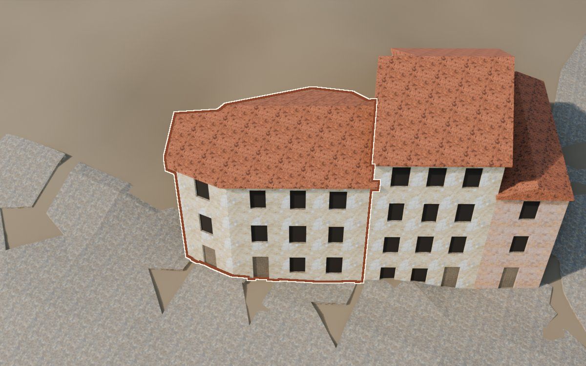 Casa del Carrer de Santa Agatòquia (Calle Santa Agatoclia) en la reconstrucción 3D, vista desde su calle, con su contorno marcado en teja entre las casas de alrededor