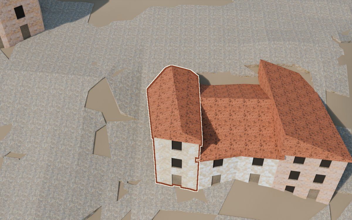 Casa del Carrer de les Creus (Calle de las Cruces) en la reconstrucción 3D, vista desde el lado en que mejor se ve, con su contorno marcado en teja entre las casas de alrededor
