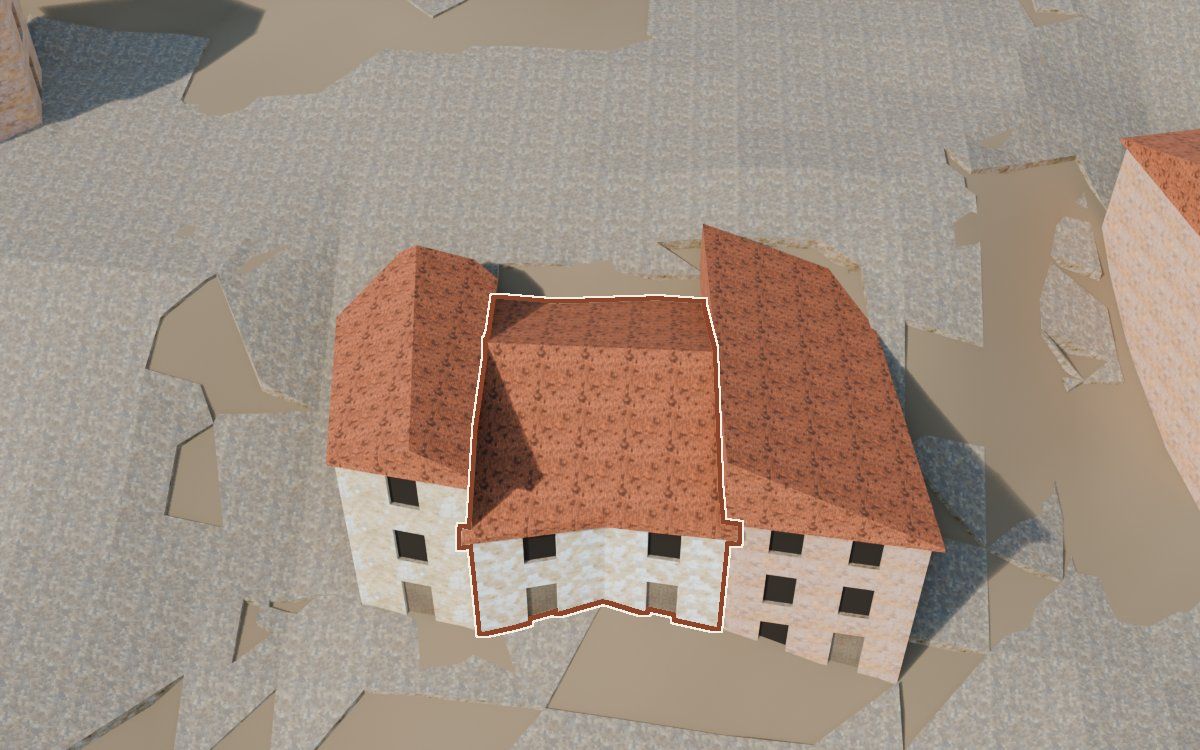 Casa del Carrer de Santa Agatòquia (Calle Santa Agatoclia) en la reconstrucción 3D, vista desde el lado en que mejor se ve, con su contorno marcado en teja entre las casas de alrededor