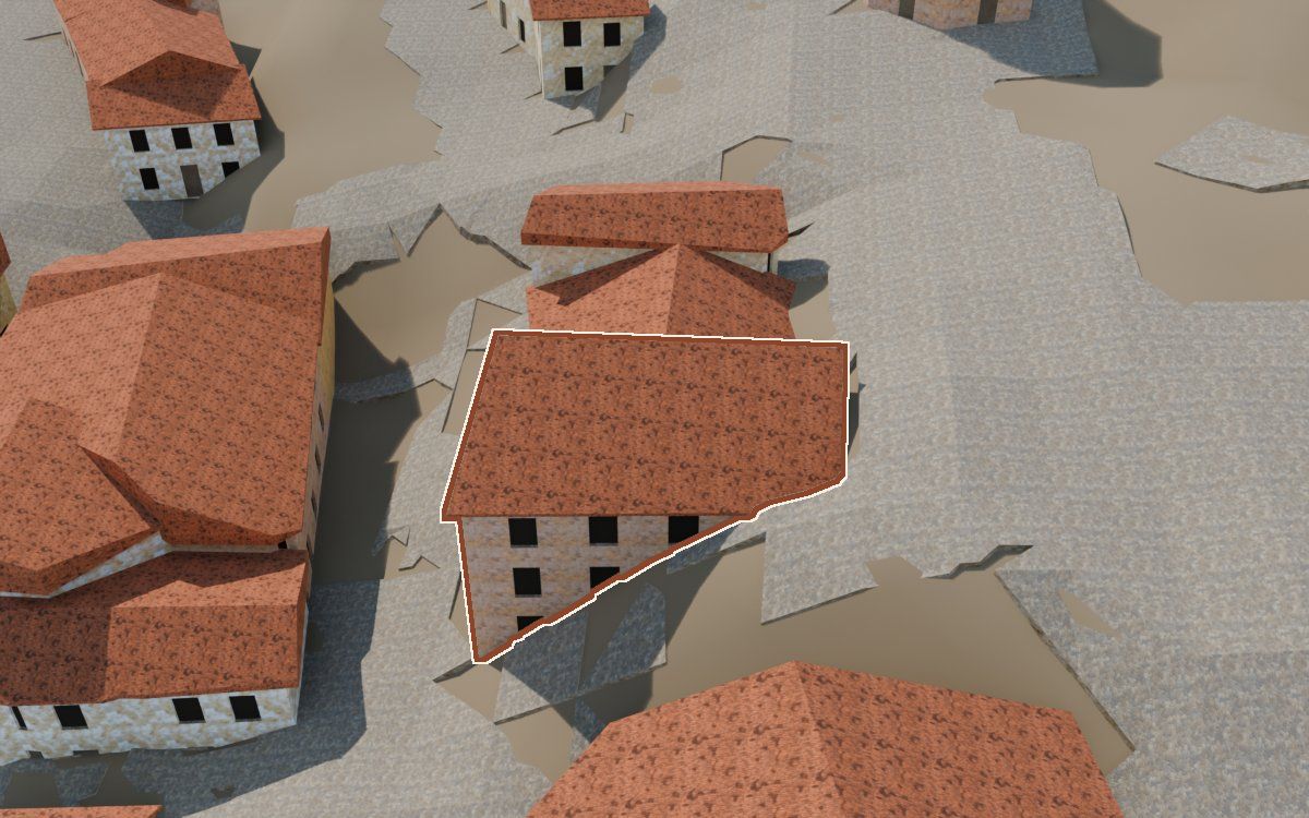 Casa del Carrer Conejos (Calle Conejos) en la reconstrucción 3D, vista desde su calle, con su contorno marcado en teja entre las casas de alrededor