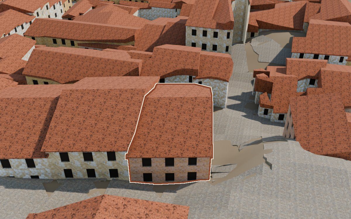 Casa del Carrer de Santa Agatòquia (Calle Santa Agatoclia) en la reconstrucción 3D, vista desde su calle, con su contorno marcado en teja entre las casas de alrededor