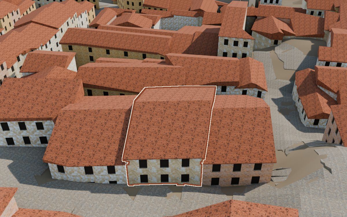 Casa del Carrer de Santa Agatòquia (Calle Santa Agatoclia) en la reconstrucción 3D, vista desde su calle, con su contorno marcado en teja entre las casas de alrededor