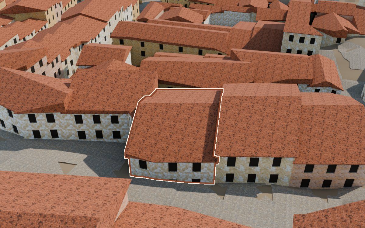 Casa del Carrer de Santa Agatòquia (Calle Santa Agatoclia) en la reconstrucción 3D, vista desde su calle, con su contorno marcado en teja entre las casas de alrededor