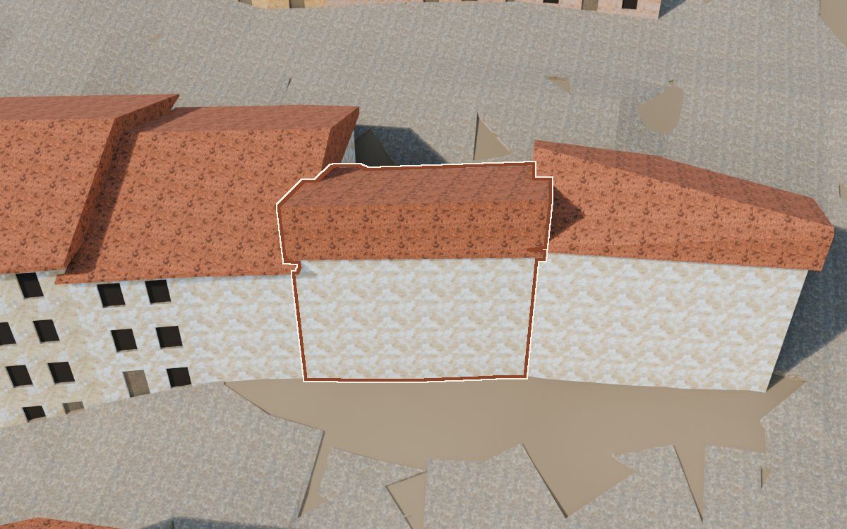 Casa del Carrer de Santa Agatòquia (Calle Santa Agatoclia) en la reconstrucción 3D, vista desde su calle, con su contorno marcado en teja entre las casas de alrededor