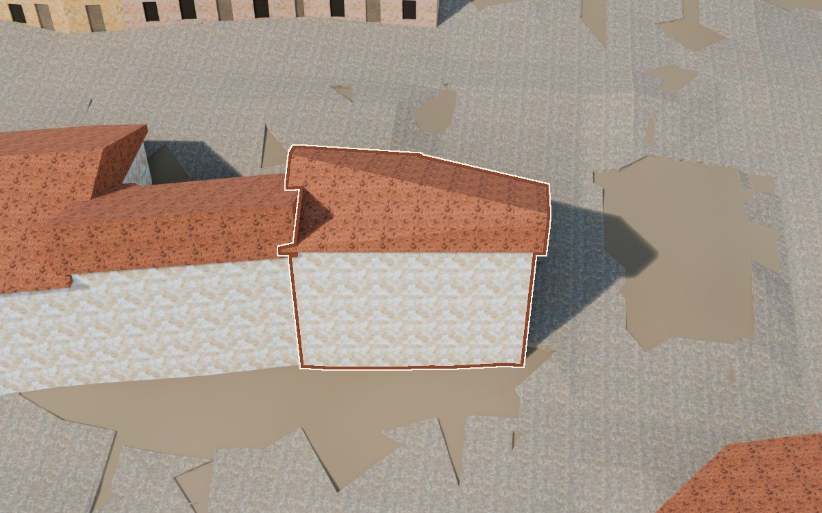 Casa del Carrer la Morera (Calle de la Morera) en la reconstrucción 3D, vista desde su calle, con su contorno marcado en teja entre las casas de alrededor