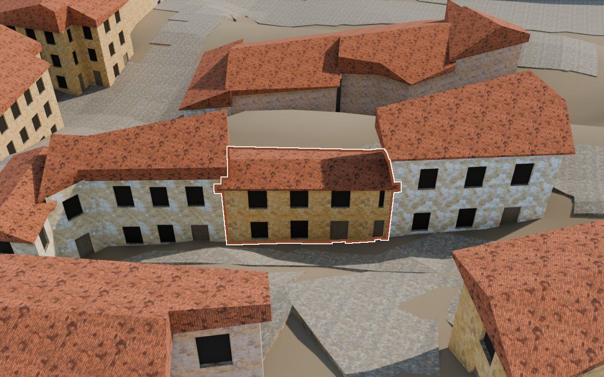 Casa del Carrer de les Creus (Calle de las Cruces) en la reconstrucción 3D, vista desde su calle, con su contorno marcado en teja entre las casas de alrededor