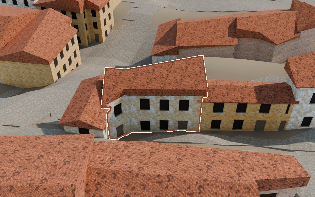 Casa del Carrer de les Creus (Calle de las Cruces) en la reconstrucción 3D, vista desde su calle, con su contorno marcado en teja entre las casas de alrededor