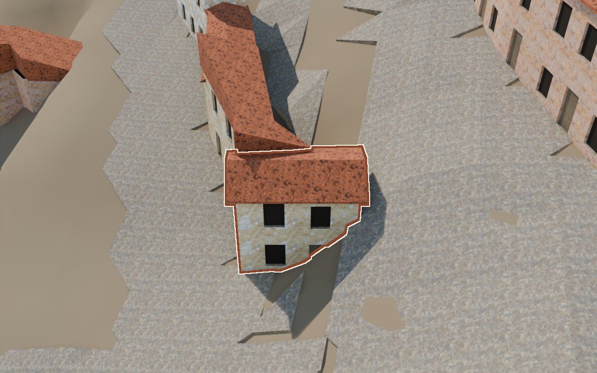Casa del Carrer de les Creus (Calle de las Cruces) en la reconstrucción 3D, vista desde su calle, con su contorno marcado en teja entre las casas de alrededor