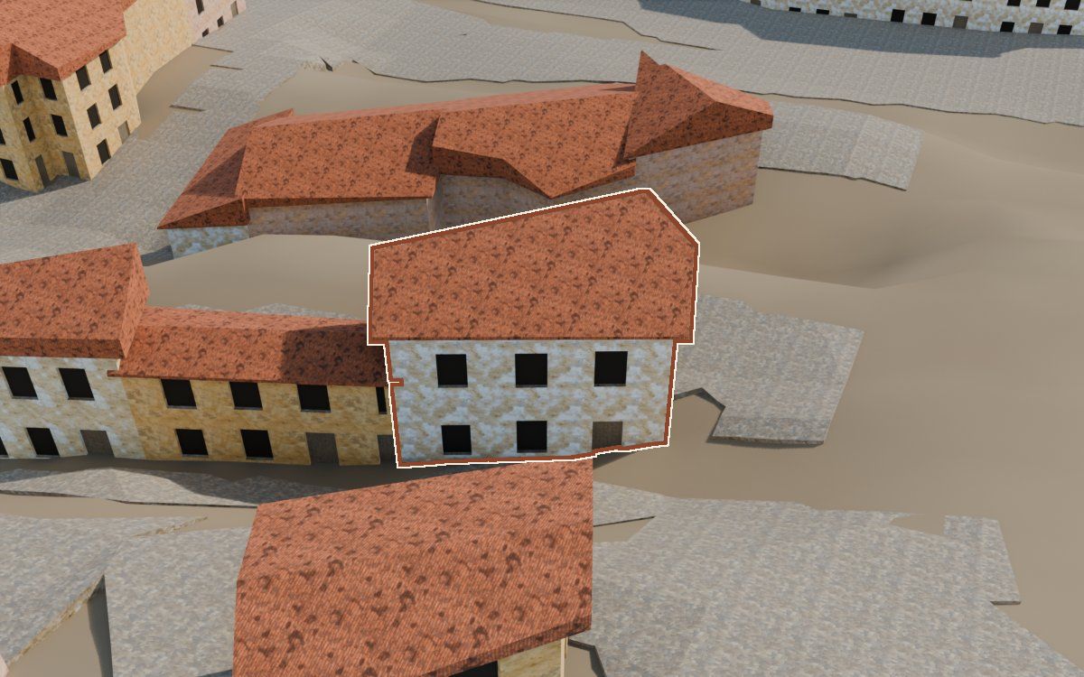 Casa del Carrer de les Creus (Calle de las Cruces) en la reconstrucción 3D, vista desde su calle, con su contorno marcado en teja entre las casas de alrededor