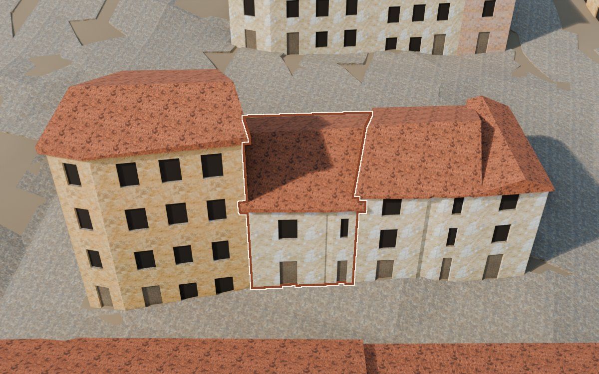Manzana 50, n.º 2 en la reconstrucción 3D, vista desde su calle, con su contorno marcado en teja entre las casas de alrededor
