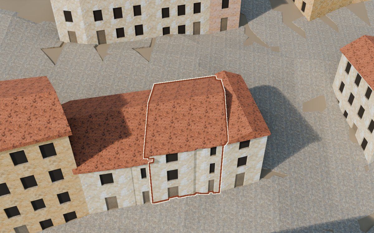 Manzana 50, n.º 3 en la reconstrucción 3D, vista desde el lado en que mejor se ve, con su contorno marcado en teja entre las casas de alrededor