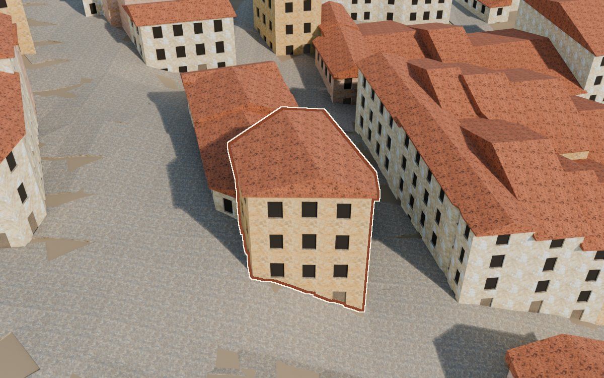 Manzana 50, n.º 1 en la reconstrucción 3D, vista desde su calle, con su contorno marcado en teja entre las casas de alrededor