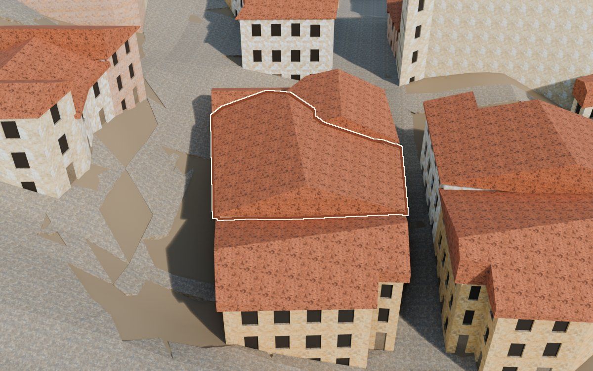 Manzana 45, n.º 2 en la reconstrucción 3D, vista desde su calle, con su contorno marcado en teja entre las casas de alrededor