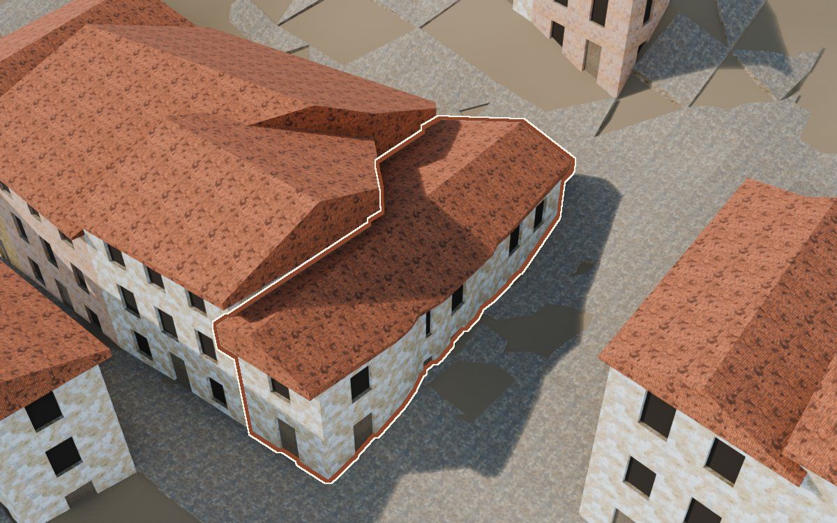Manzana 45, n.º 4 en la reconstrucción 3D, vista desde el lado en que mejor se ve, con su contorno marcado en teja entre las casas de alrededor