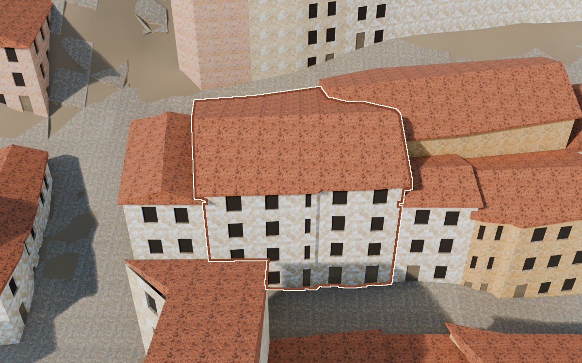 Manzana 44, n.º 2 y 3 en la reconstrucción 3D, vista desde su calle, con su contorno marcado en teja entre las casas de alrededor