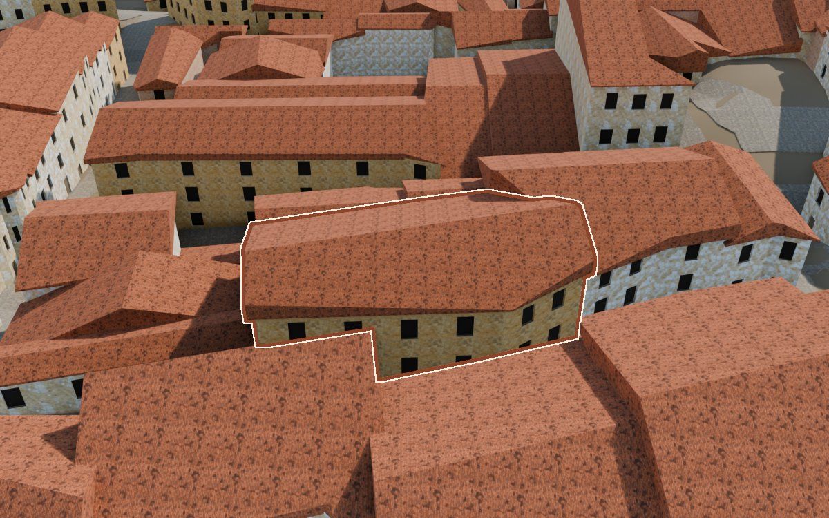 Manzana 44, n.º 10 en la reconstrucción 3D, vista desde su calle, con su contorno marcado en teja entre las casas de alrededor