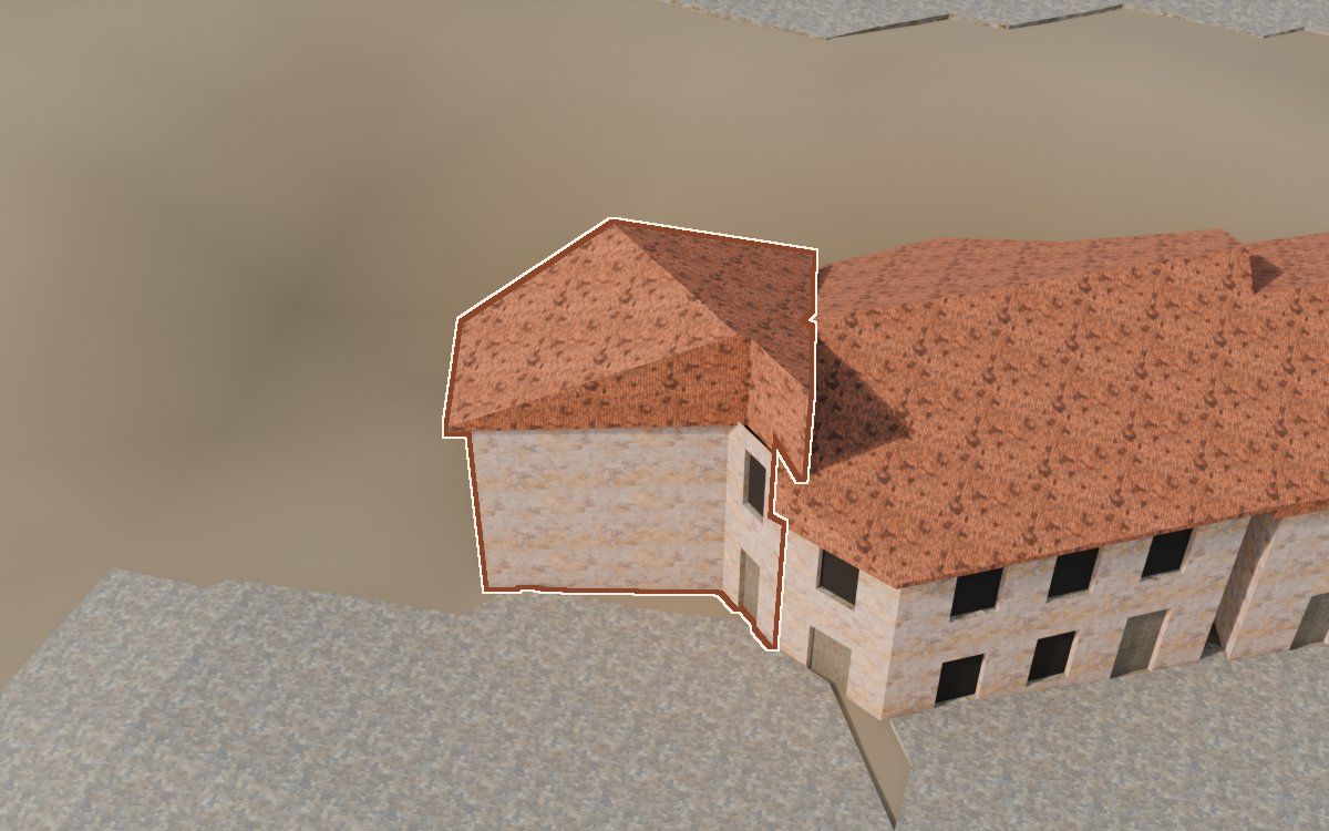Casa cerca del Carrer de les Creus (Calle de las Cruces) en la reconstrucción 3D, vista desde su calle, con su contorno marcado en teja entre las casas de alrededor