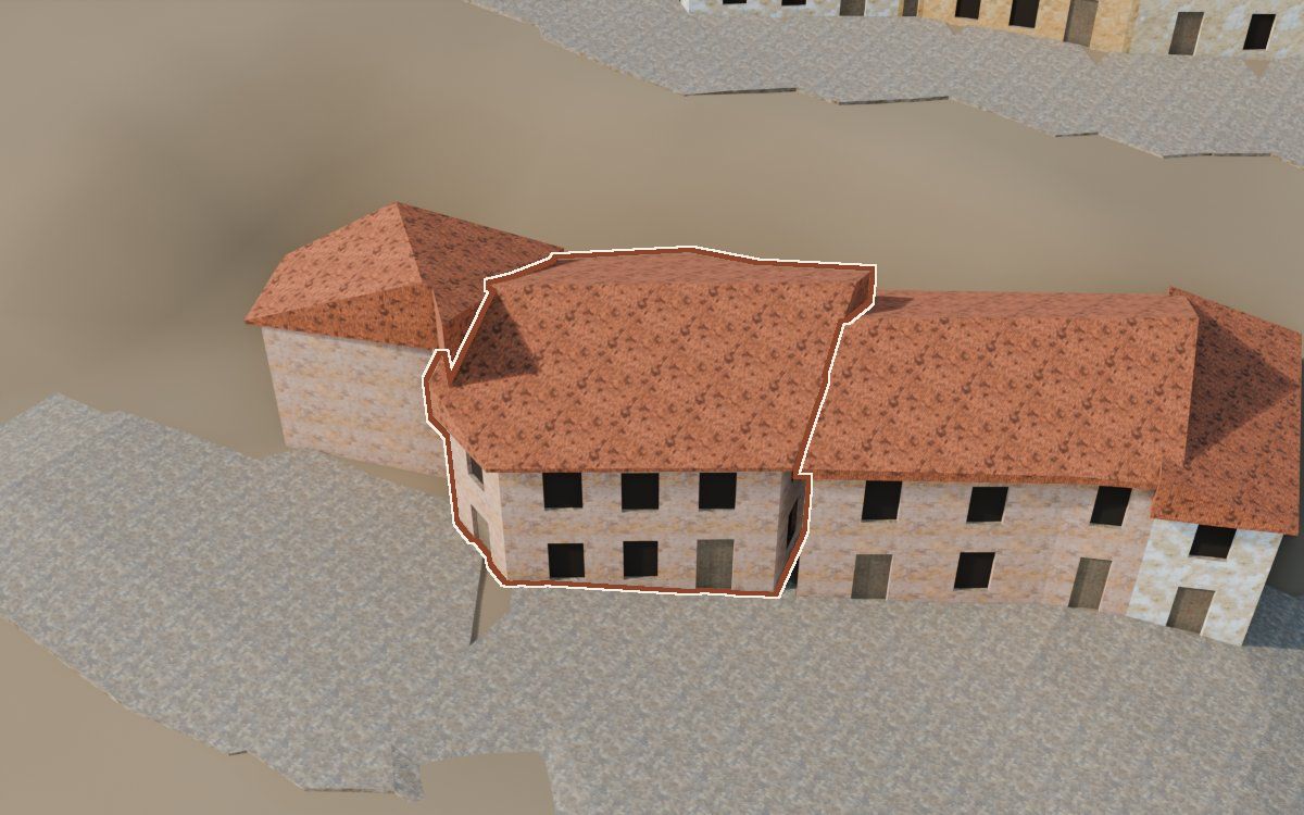 Casa cerca del Carrer de les Creus (Calle de las Cruces) en la reconstrucción 3D, vista desde su calle, con su contorno marcado en teja entre las casas de alrededor