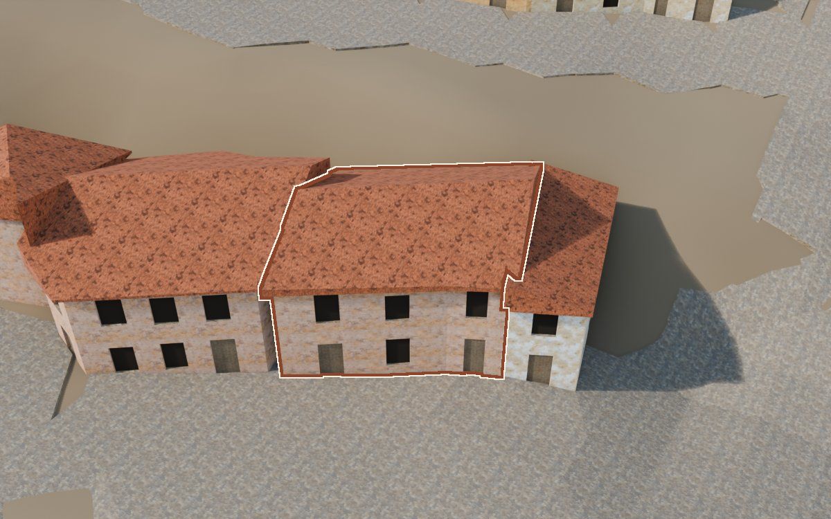 Casa cerca del Carrer del Barranc (Calle del Barranco) en la reconstrucción 3D, vista desde su calle, con su contorno marcado en teja entre las casas de alrededor