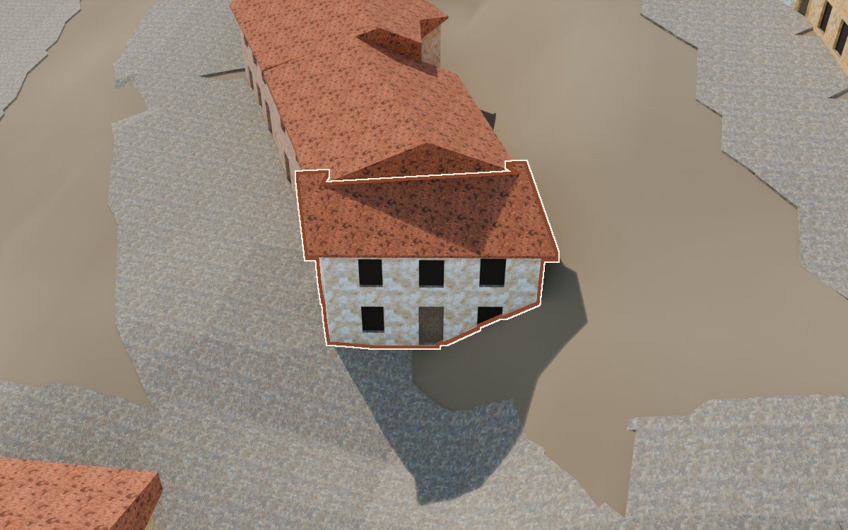 Casa cerca del Carrer del Barranc (Calle del Barranco) en la reconstrucción 3D, vista desde su calle, con su contorno marcado en teja entre las casas de alrededor