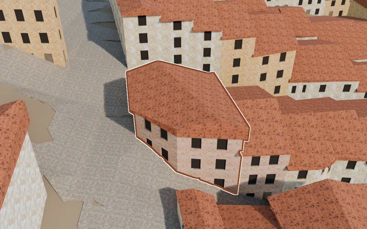 Manzana 27, n.º 5 en la reconstrucción 3D, vista desde su calle, con su contorno marcado en teja entre las casas de alrededor