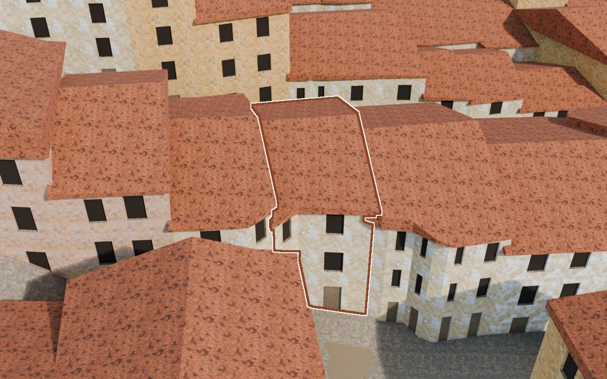 Manzana 27, n.º 8 en la reconstrucción 3D, vista desde su calle, con su contorno marcado en teja entre las casas de alrededor