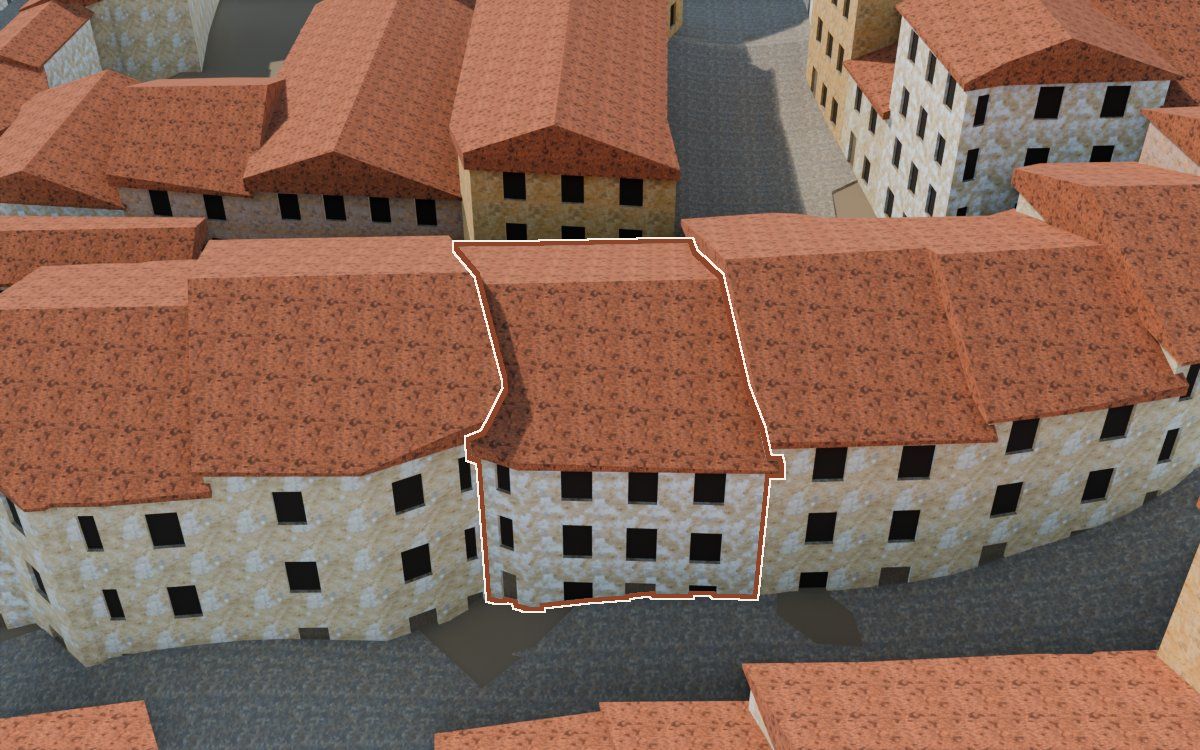 Manzana 27, n.º 10 y 11 en la reconstrucción 3D, vista desde su calle, con su contorno marcado en teja entre las casas de alrededor