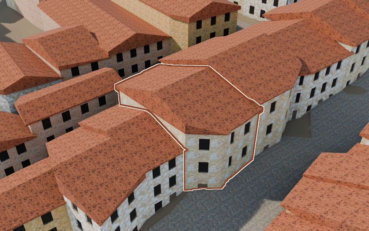 Manzana 27, n.º 13 en la reconstrucción 3D, vista desde su calle, con su contorno marcado en teja entre las casas de alrededor