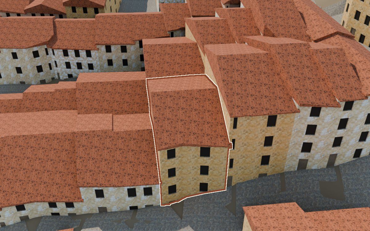 Manzana 28, n.º 30 en la reconstrucción 3D, vista desde su calle, con su contorno marcado en teja entre las casas de alrededor