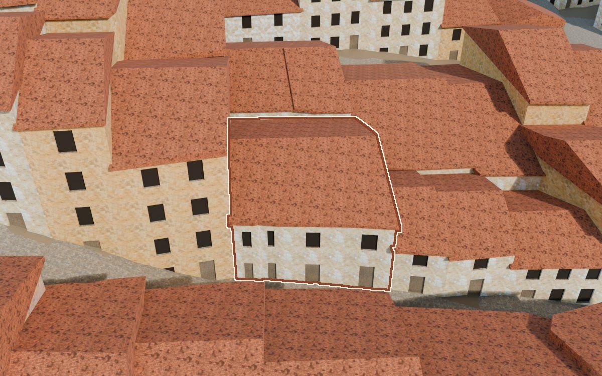 Manzana 28, n.º 5 en la reconstrucción 3D, vista desde su calle, con su contorno marcado en teja entre las casas de alrededor