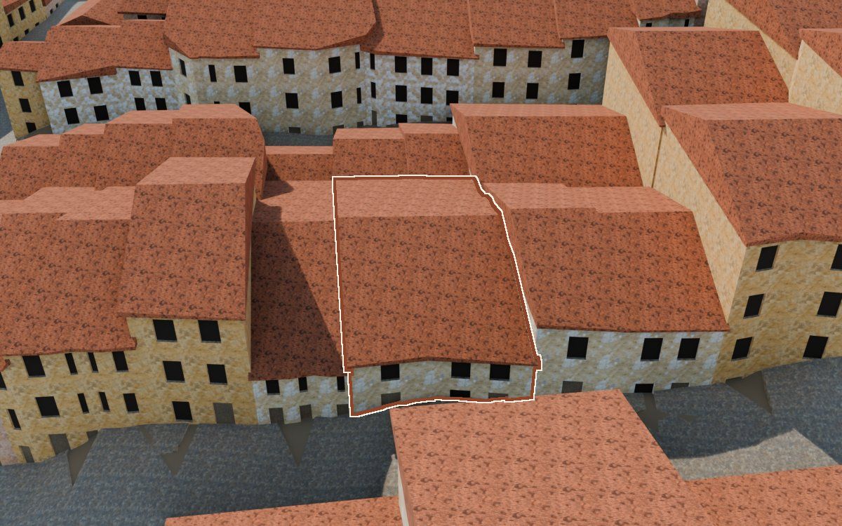 Manzana 28, n.º 27 en la reconstrucción 3D, vista desde su calle, con su contorno marcado en teja entre las casas de alrededor
