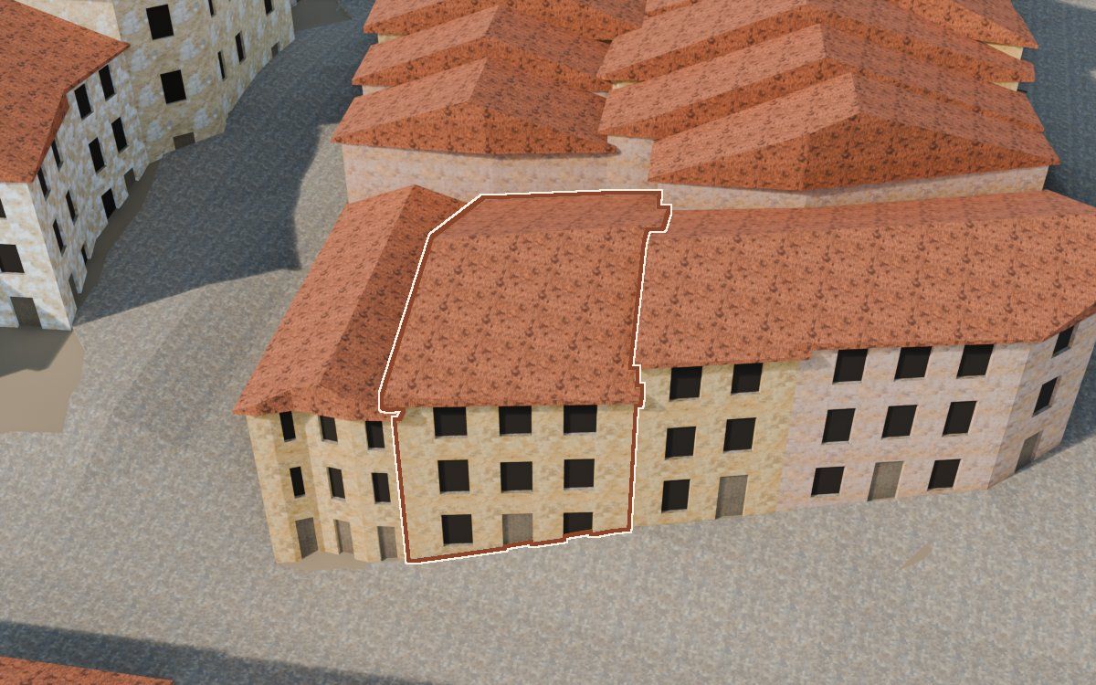 Manzana 28, n.º 17 en la reconstrucción 3D, vista desde su calle, con su contorno marcado en teja entre las casas de alrededor