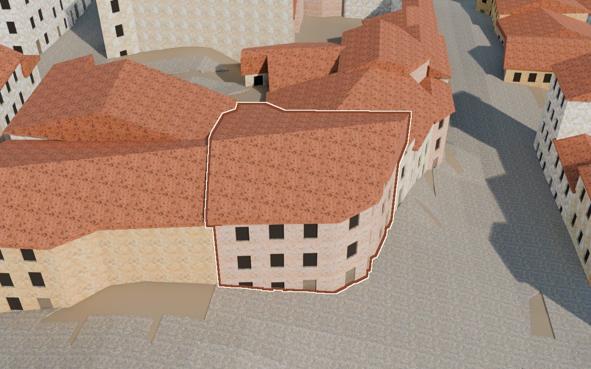 Casa del Carrer Saragossa (Calle Zaragoza) en la reconstrucción 3D, vista desde su calle, con su contorno marcado en teja entre las casas de alrededor