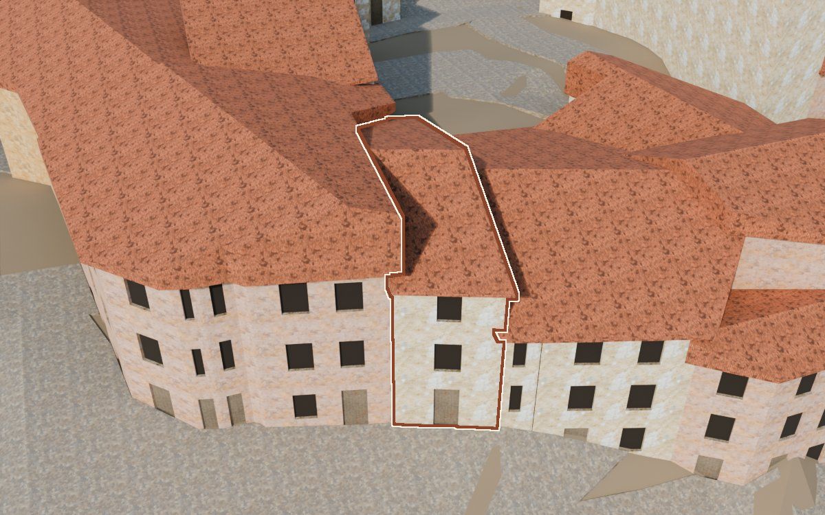 Casa del Carrer Saragossa (Calle Zaragoza) en la reconstrucción 3D, vista desde su calle, con su contorno marcado en teja entre las casas de alrededor