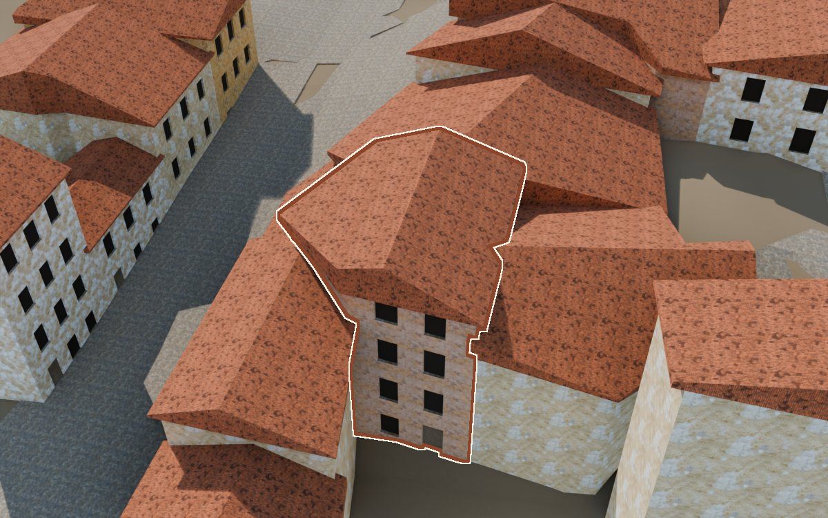 Manzana 26, n.º 24 en la reconstrucción 3D, vista desde el lado en que mejor se ve, con su contorno marcado en teja entre las casas de alrededor