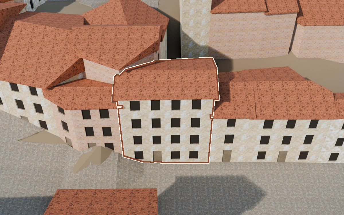 Casa del Carrer Saragossa (Calle Zaragoza) en la reconstrucción 3D, vista desde su calle, con su contorno marcado en teja entre las casas de alrededor