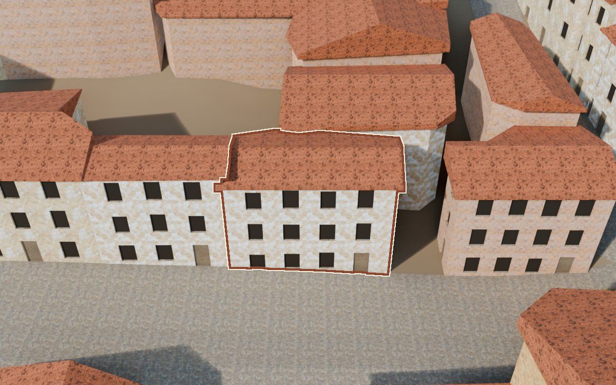 Casa del Carrer Saragossa (Calle Zaragoza) en la reconstrucción 3D, vista desde su calle, con su contorno marcado en teja entre las casas de alrededor