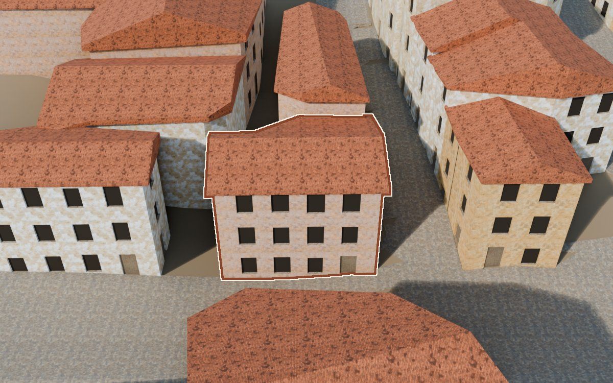 Casa del Carrer Saragossa (Calle Zaragoza) en la reconstrucción 3D, vista desde su calle, con su contorno marcado en teja entre las casas de alrededor