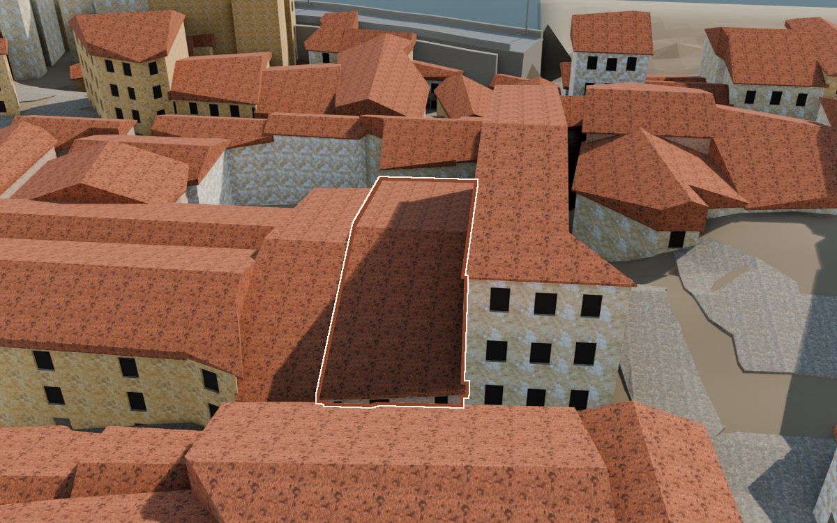Manzana 26, n.º 13 en la reconstrucción 3D, vista desde su calle, con su contorno marcado en teja entre las casas de alrededor